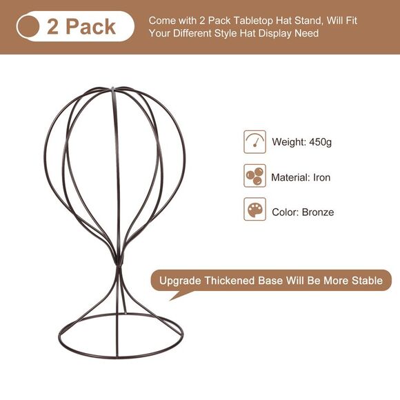 2pcs Metal Hat Display Stand Tabletop Hat Wig Rack Modern Closet Holder Bronze - Picture 3 of 6